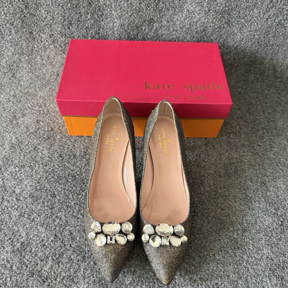 Kate Spade Yardley Bronze Lurex Jeweled Heels Pump 8M Metallic Regencycore Glam